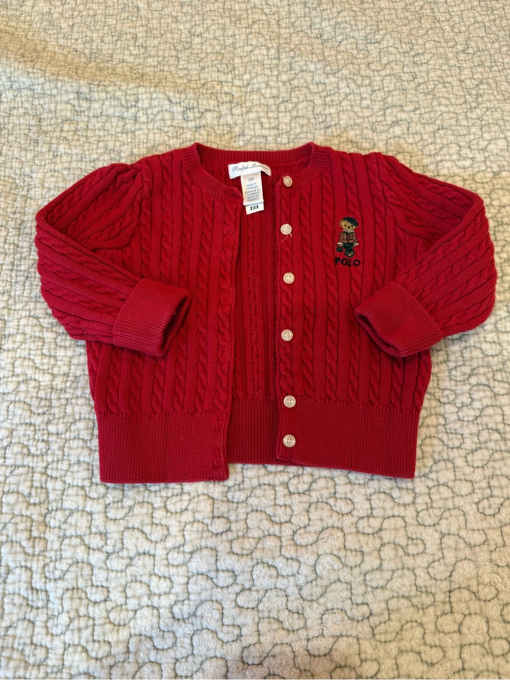 Polo by Ralph Lauren Polo Bear Red Cable Knit Cardigan size 12M